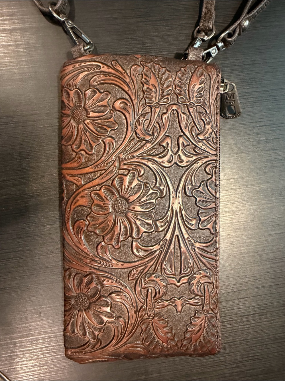 Montana West Tooled Floral Leather Crossbody Wallet - Brown